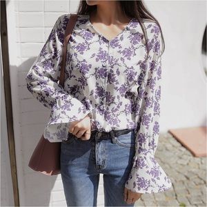Envy Look White/Purple Long Sleeve Ruffle Flia Button Up Blouse
